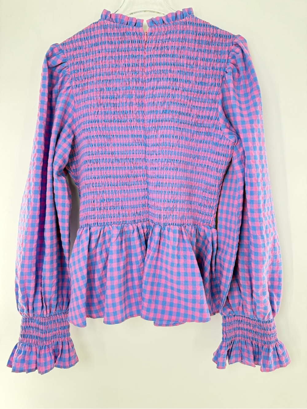 Hyacinth House Ruby Blouse Gingham Smocked Peplum Ruffle Blouse Blue Pink Size M - Picture 10 of 16
